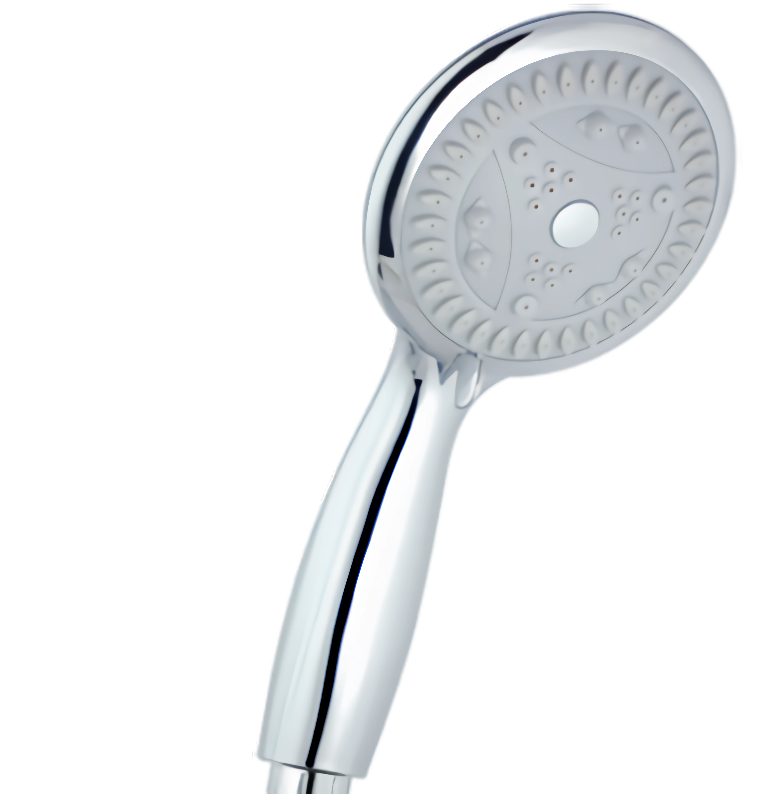 A white showerhead with small holes for water spray, attached to a flexible hose.