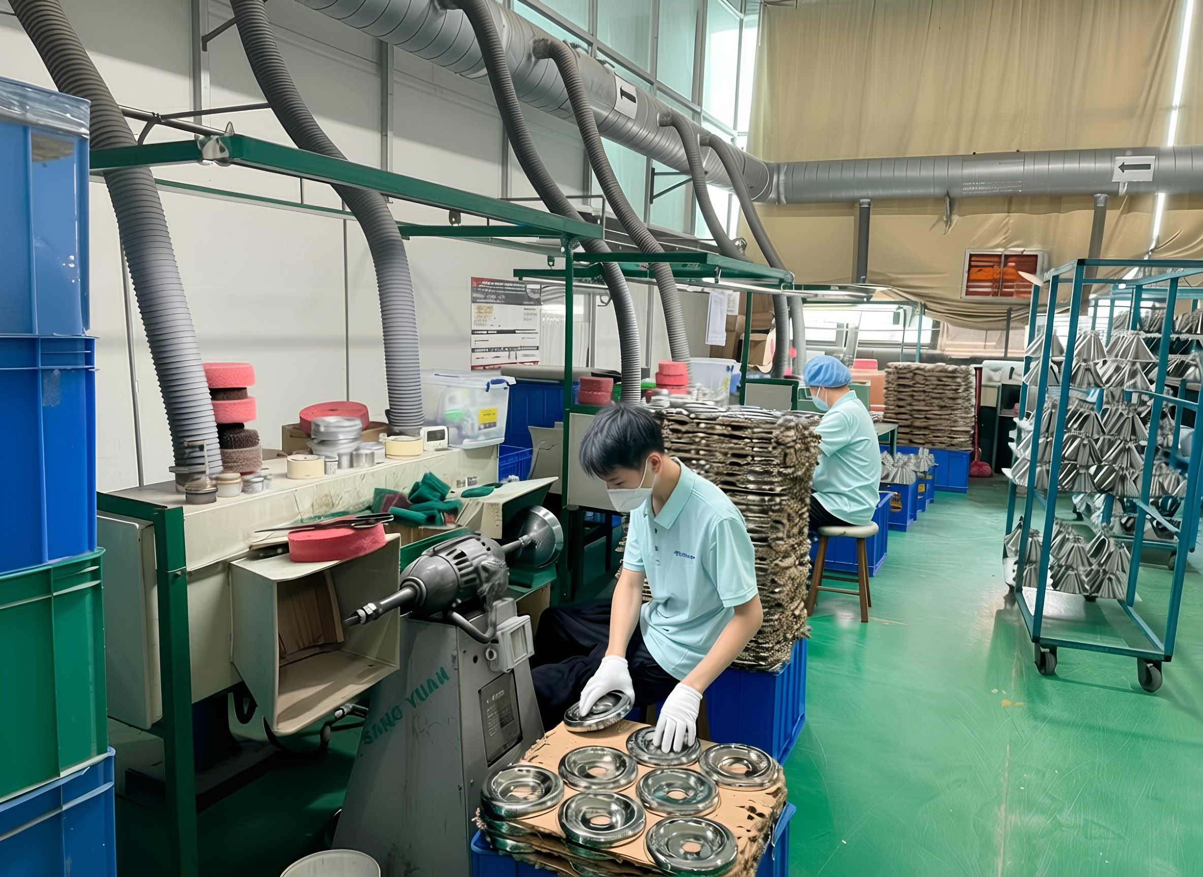 Two workers in a factory or assembly line, wearing masks and gloves, handling and inspecting metal parts with a green floor and industrial equipment nearby. They are performing the surface finishing surface of brush nickel after plating.