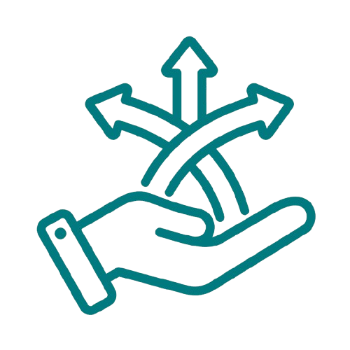 Outline of a hand holding three arrows pointing in different directions, representing decision-making or options.