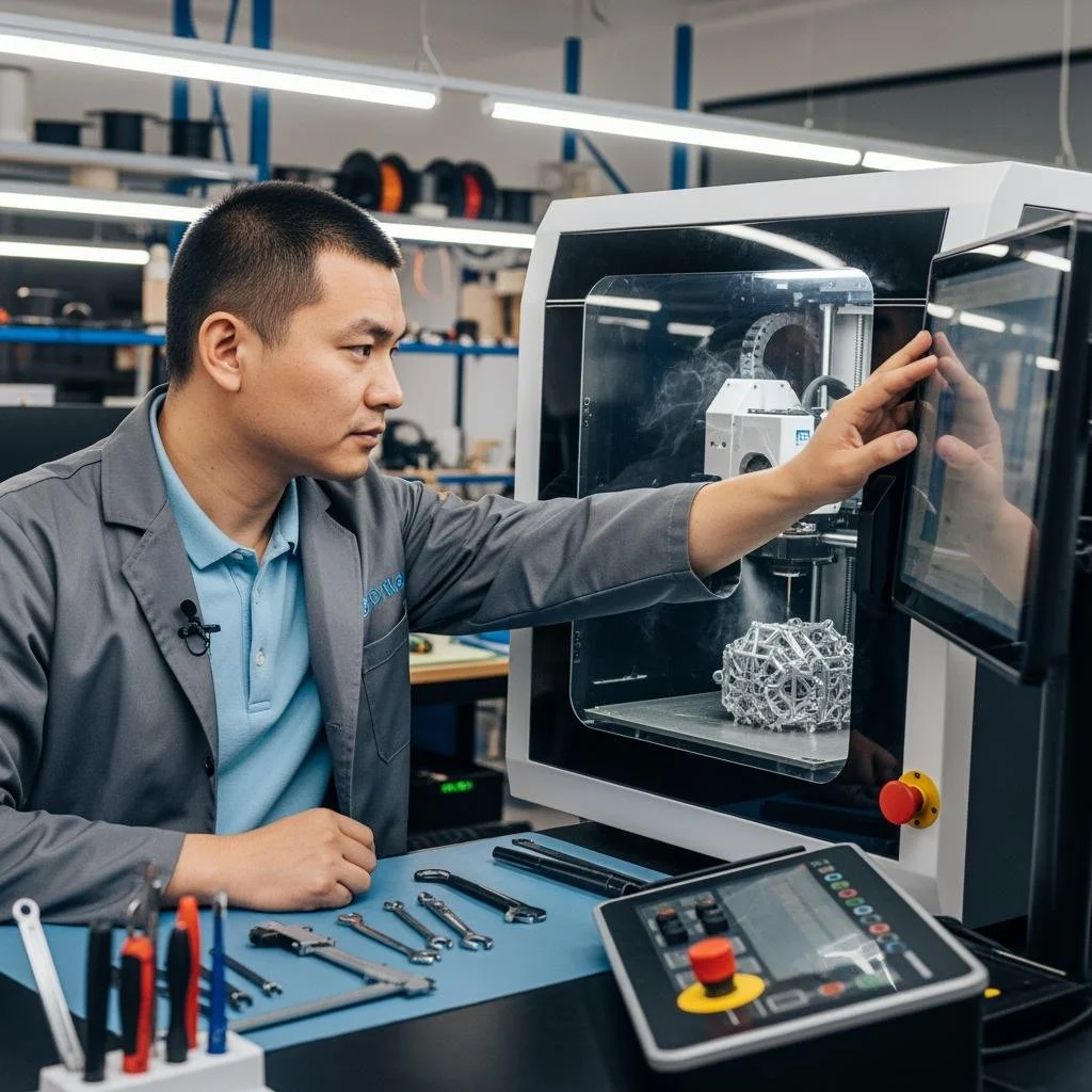 A man in a gray lab coat and blue shirt inside a machine, working on a 3D printed metallic geometric structure, with various tools on the table.