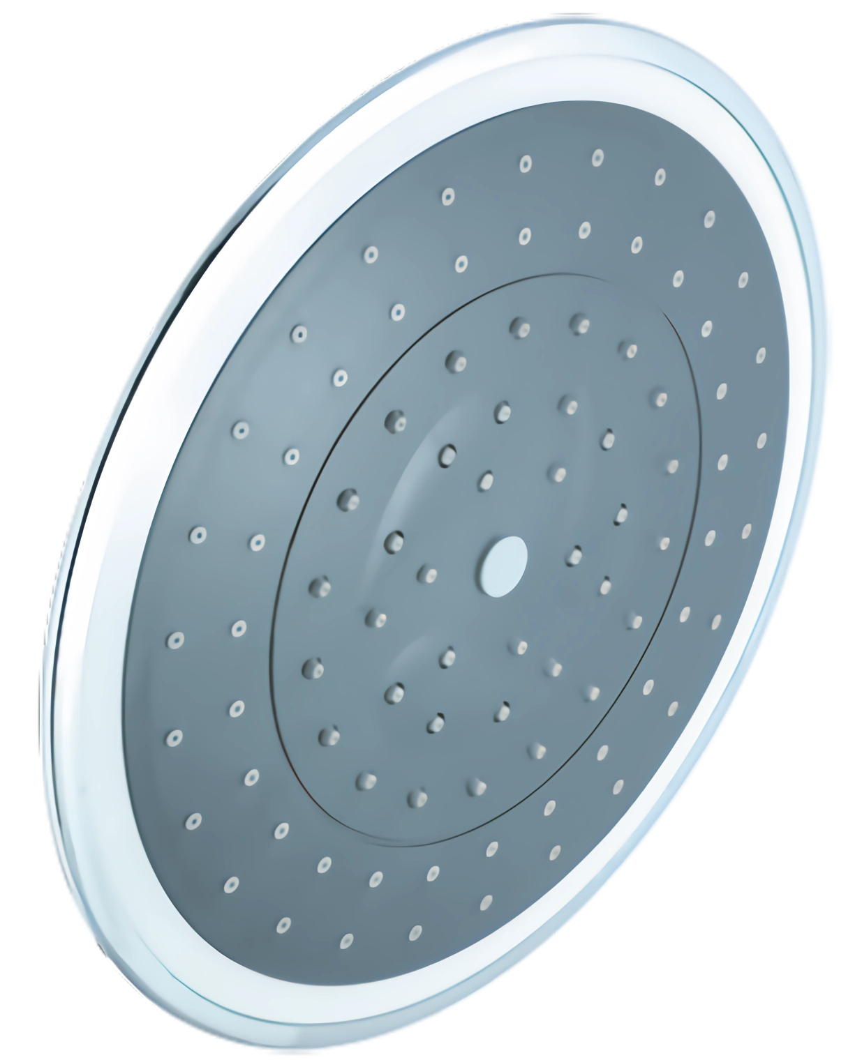 A round metal showerhead with multiple small nozzles.