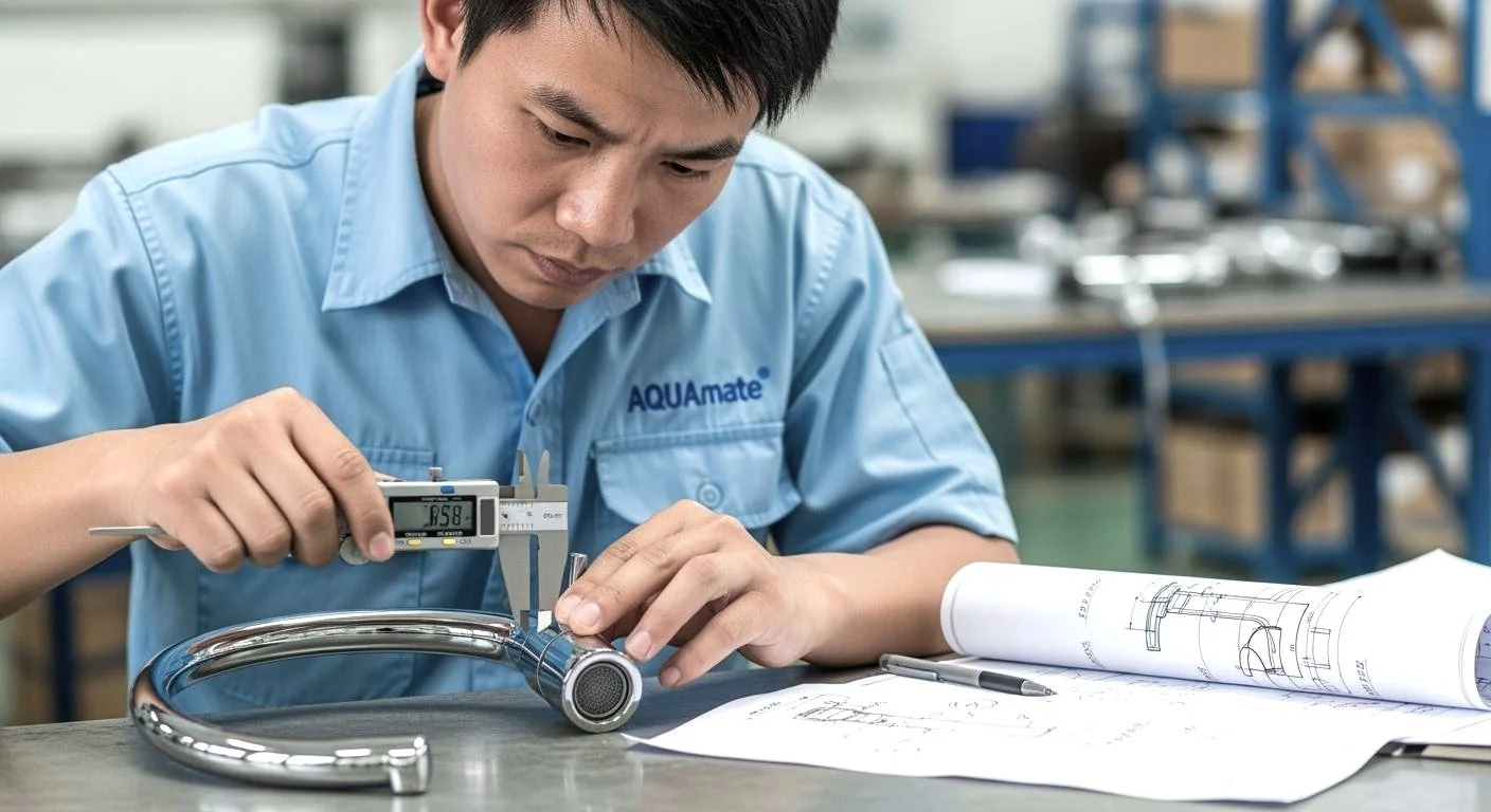 Man working on a faucet with a digital caliper in a workshop, studying technical blueprints and holding a pen.