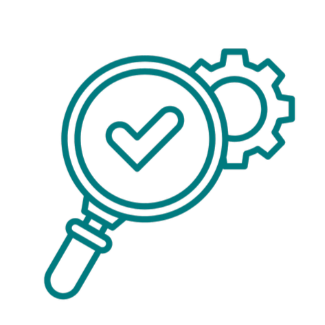 Magnifying glass with a checkmark inside and a gear behind it, symbolizing settings or optimization.