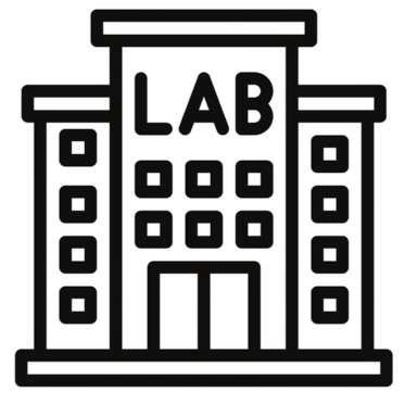 Outline of a laboratory building with the word 'LAB' on the front entrance.