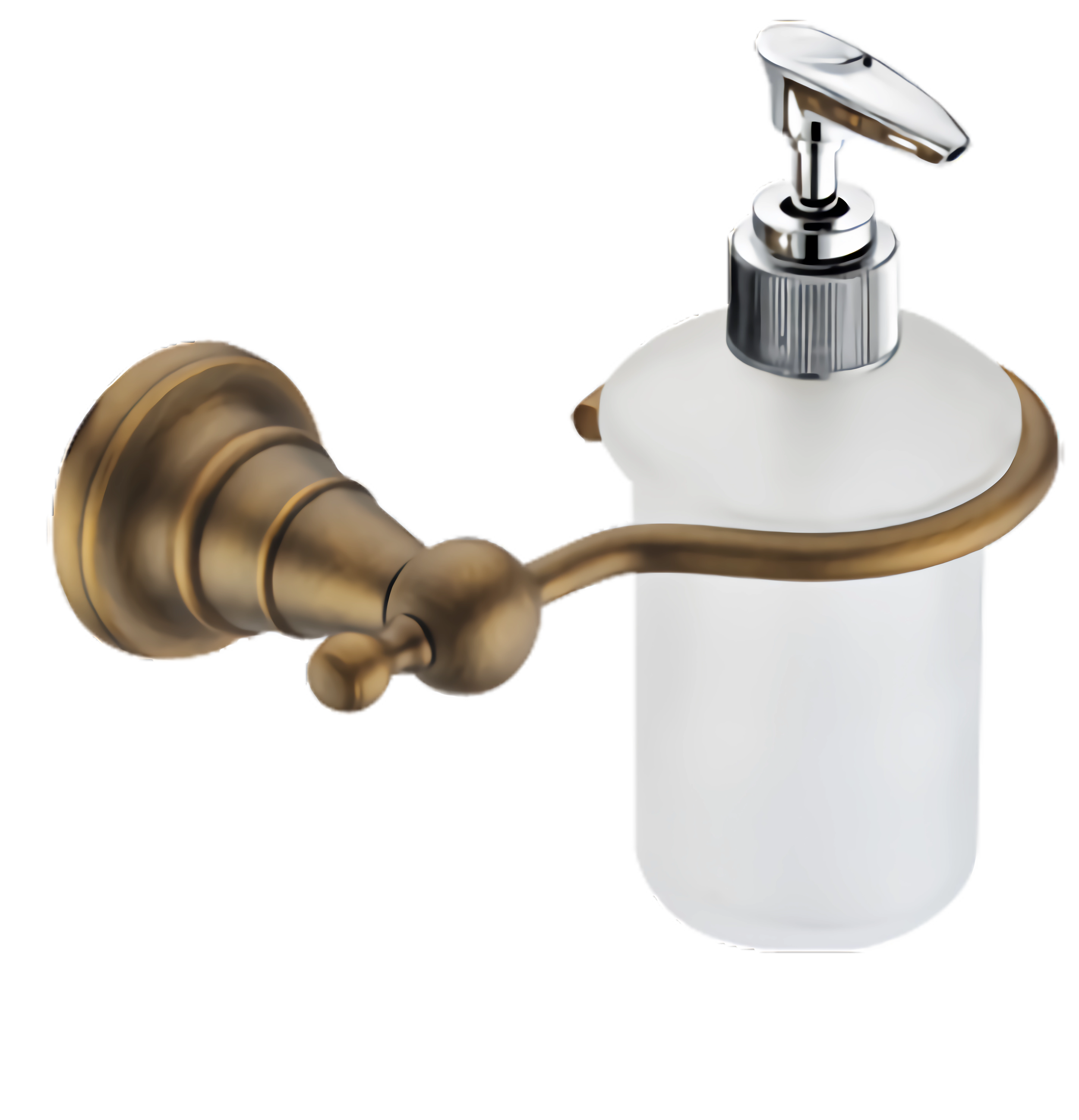 A close-up of a gold-colored wall-mounted soap dispenser with a pump on top, attached to a white wall.