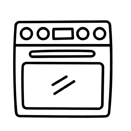 Line drawing of a stove with four burners and an oven.