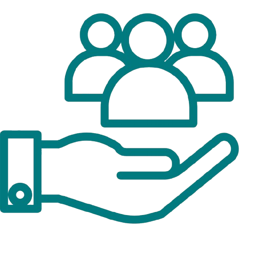 Icon of a hand holding a group of four people, representing support or community.