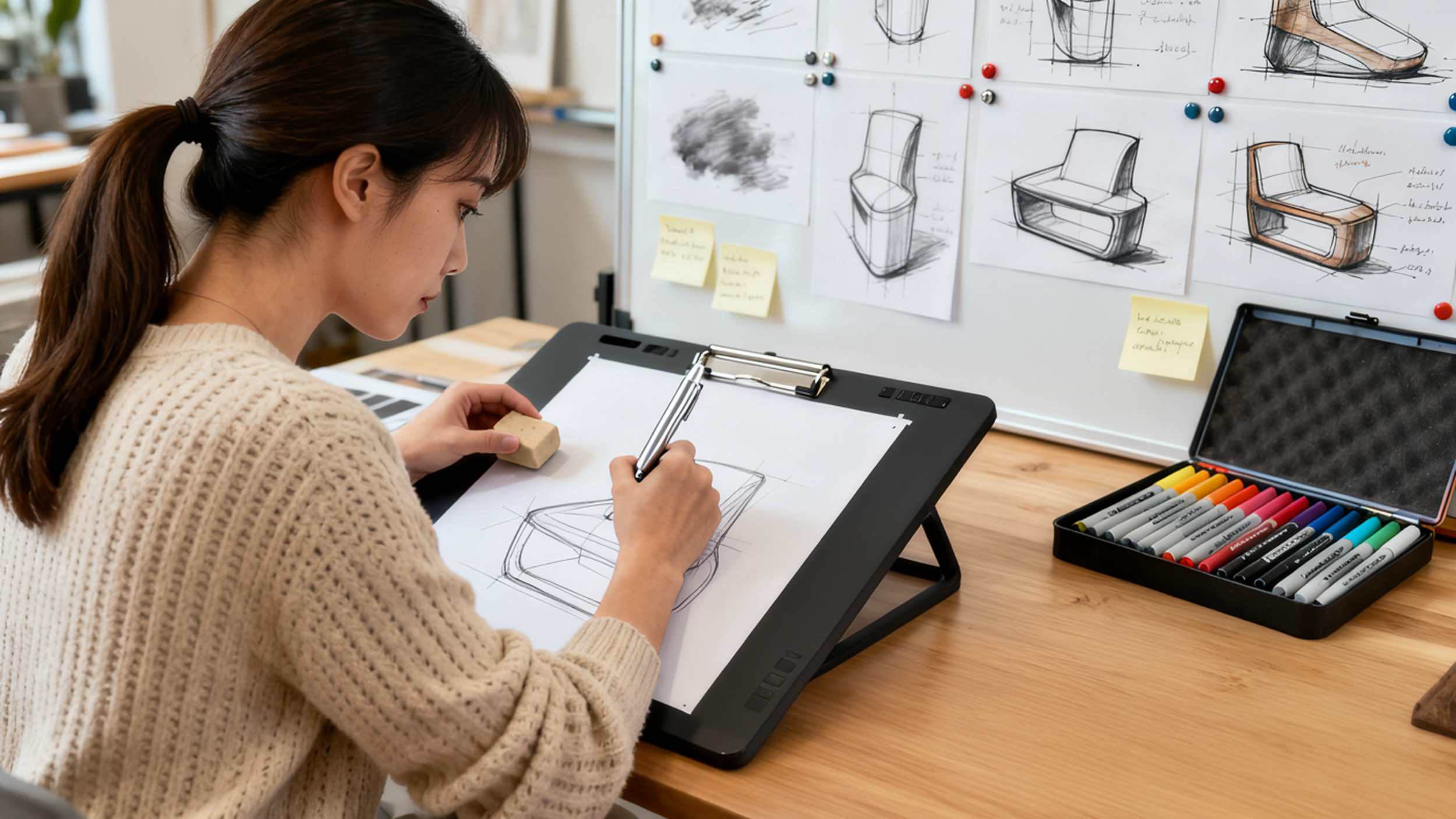 Woman sketching a furniture design on a digital tablet in an office workspace with furniture sketches on a whiteboard and colored markers on the desk.