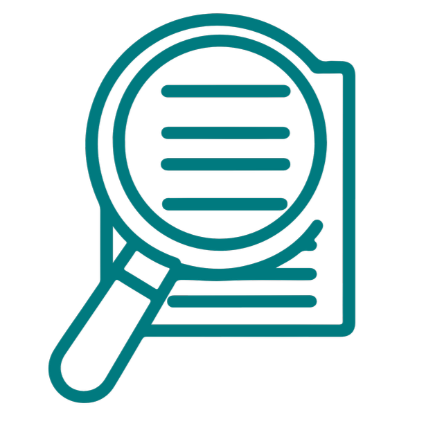 Outline of a magnifying glass examining a document with lines of text.