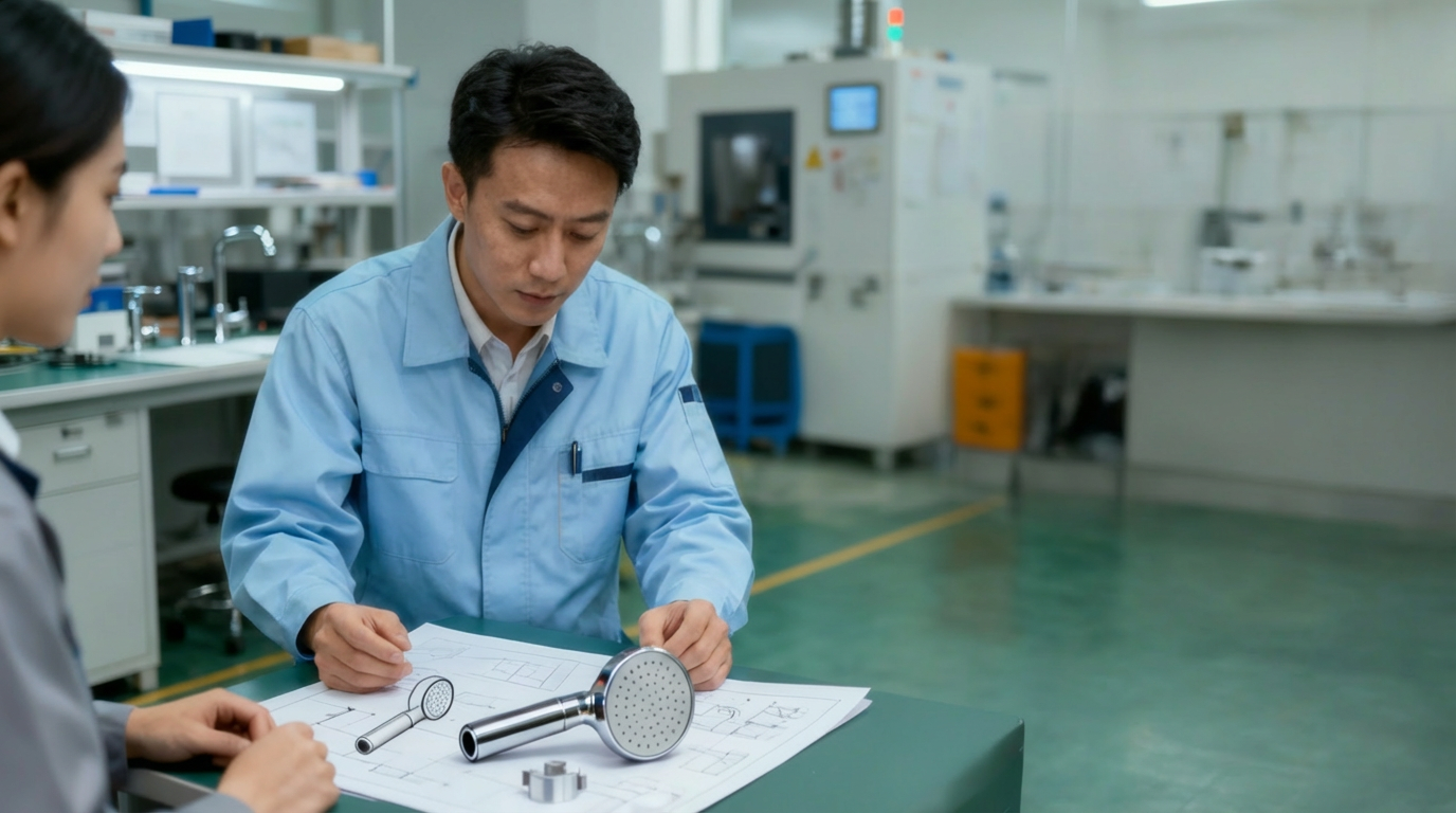 Two engineers discussing technical drawings with metal parts on a work table in a laboratory.
