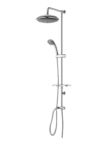 A modern shower system with a large round showerhead and a hand-held shower wand mounted on a vertical bar.