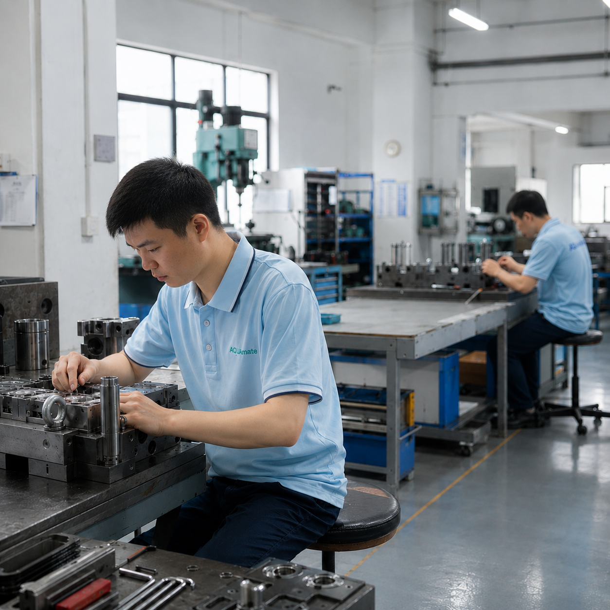 Tooling and mold fabrication process. Three factory workers in light blue uniforms working on machinery at workbenches in an industrial setting.