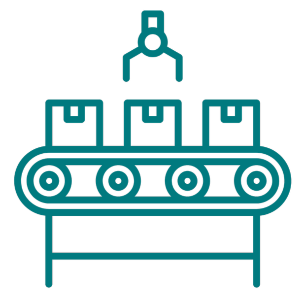Line drawing of a conveyor belt with boxes and a robotic arm above it.