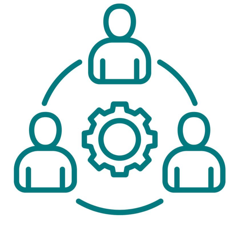 Icon of three people connected by a circular arrow around a gear, representing team collaboration or workflow.