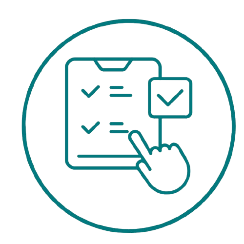 Outline icon of a hand checking off items on a checklist on a clipboard with a checkmark in a square box, inside a circular border.