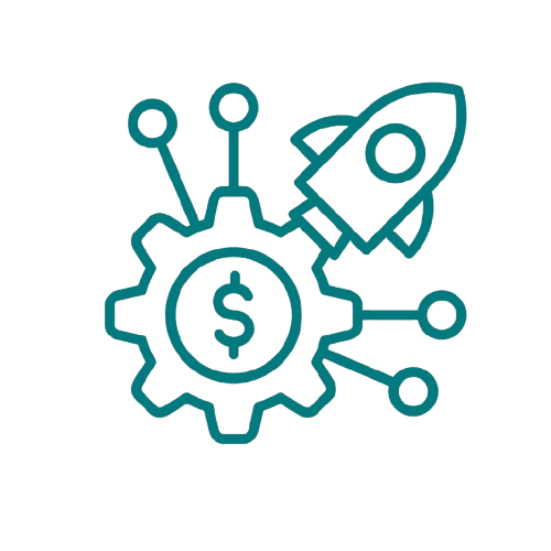 Outline of a gear with a dollar sign in the center, connected to a rocket and various digital nodes.