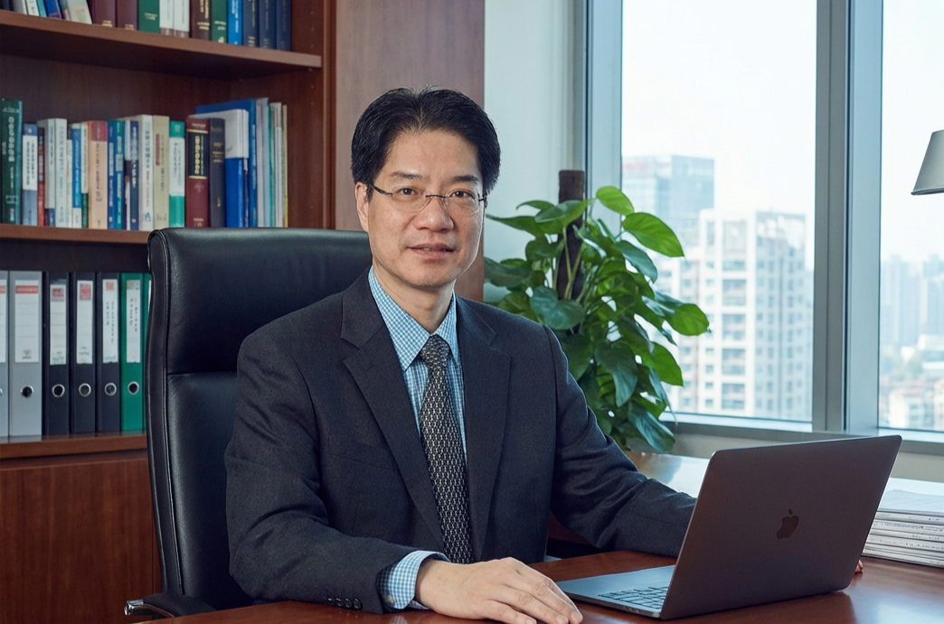 A man in a suit sitting at a desk in an office, with a bookshelf and large window in the background, working on a laptop.