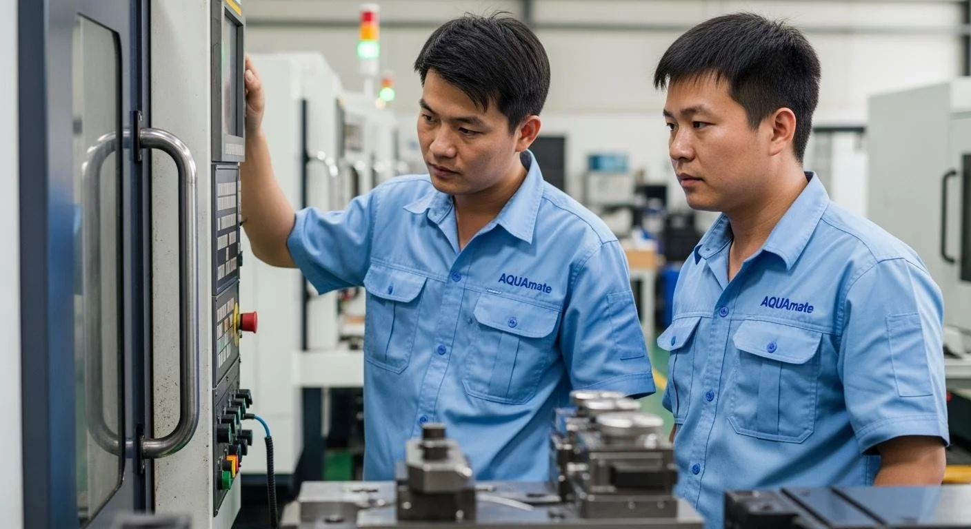 Two male technicians in blue uniforms labeled "AQUAmate" working with a control panel in an industrial setting.
