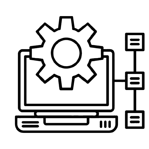 Outline icon of a computer monitor with a gear above it, connected to three smaller blocks on the right, representing settings or system configuration.