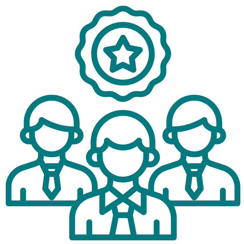 Line drawing of three businesspeople with a badge above their heads and a star inside a circle, indicating achievement or recognition.