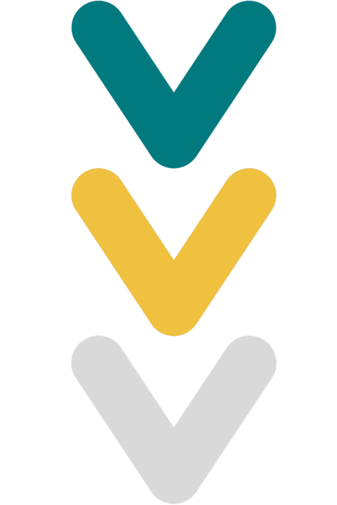 Three downward-pointing check marks arranged vertically in teal, yellow, and gray colors on a black background.