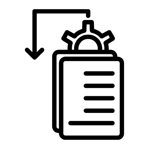 Outline icon of a gear, document, and downward arrow representing setting, documentation, or data processing