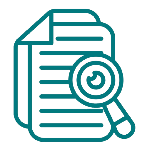 Icon of a document with lines of text and a magnifying glass overlay.