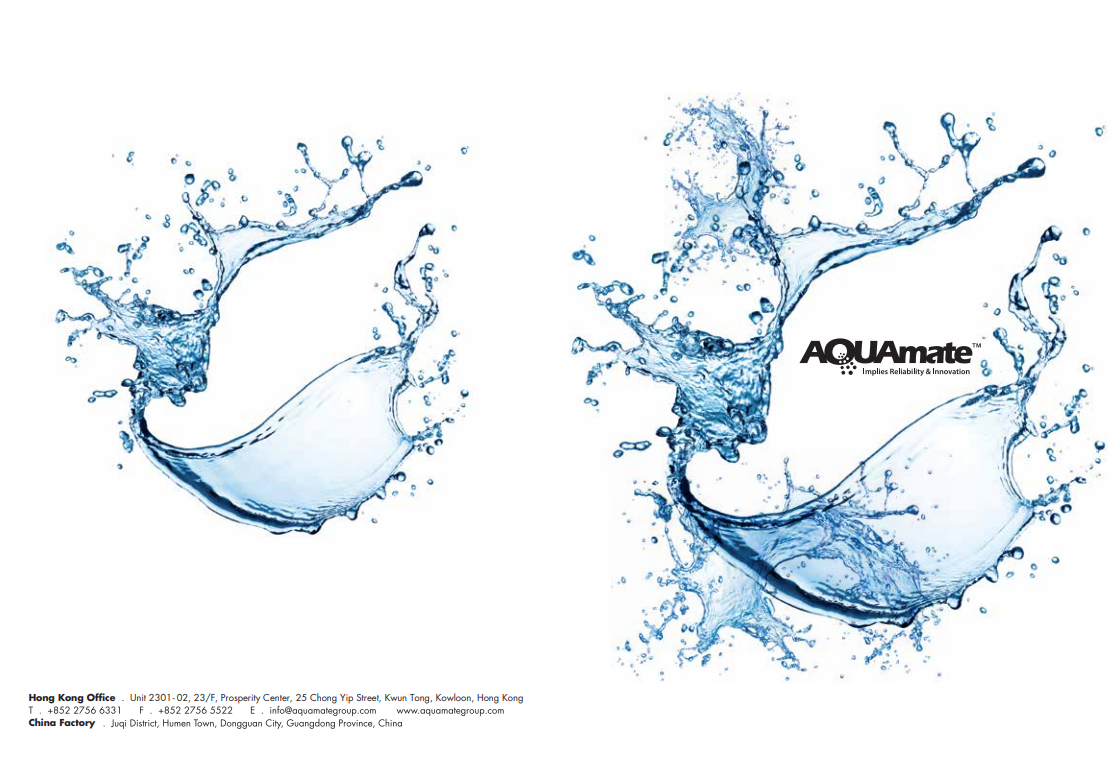 Two water splash images with the AQUAmate logo on the right splash