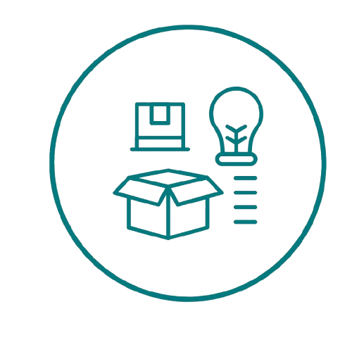 Icons of a box, light bulb, and a small package within a circle outline