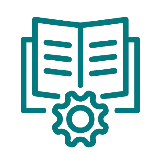 An open book with lines of text and a gear icon in front, representing settings or customization.