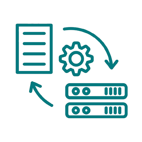 Diagram showing a file with arrows pointing to and from a gear and a database icon, representing data processing or system update.