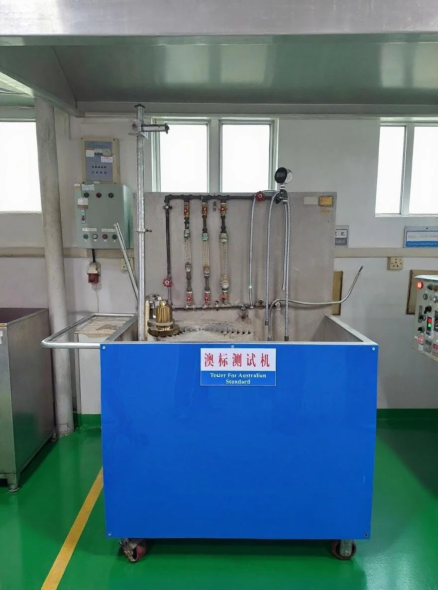Industrial testing equipment with a blue base and multiple attached pipes and gauges, labeled 'Tester for Australian Standard' in Chinese and English, situated in a clean, well-lit room with green flooring.