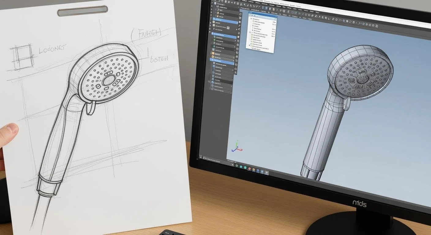 A person holding a sheet of paper with a technical drawing of a hand-held showerhead, alongside a computer monitor displaying a 3D digital model of the same showerhead.