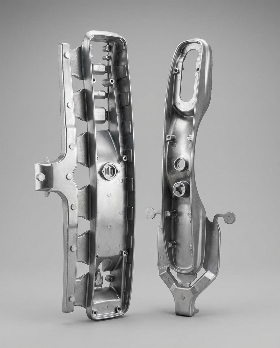 Two metallic casing parts, likely for a smartphone or electronic device, are displayed upright against a plain background.