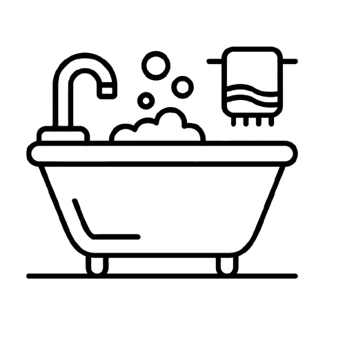 Line drawing of a bathtub with a faucet, bubbles, soap, and a showerhead.