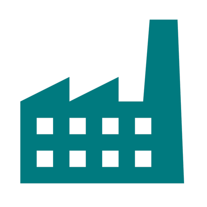 Icon of a factory with a tall chimney and multiple square windows.