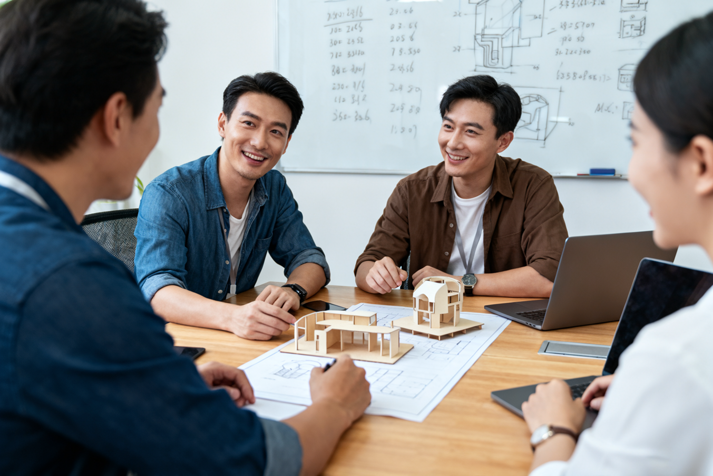 A group of five young professionals engaged in a discussion around a table in a modern office. They are smiling and looking at each other with architectural models and blueprints on the table, and a whiteboard with sketches and notes in the background.