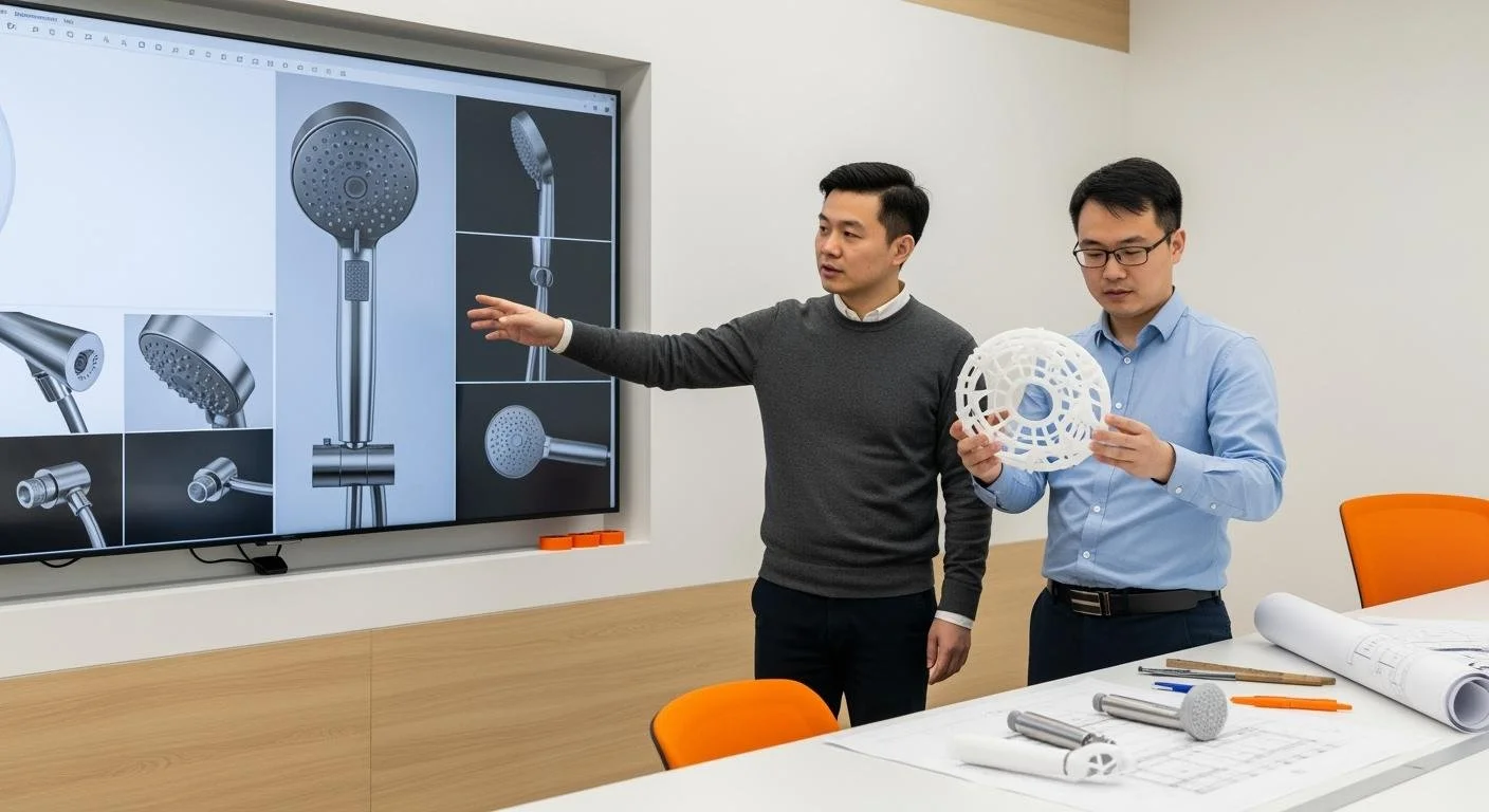 Two men in a conference room discussing a new showerhead design. One man is pointing at the digital screen displaying various showerhead images, while the other man holds a white 3D-printed part.