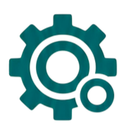Two overlapping gear icons, one larger and one smaller, in teal color.