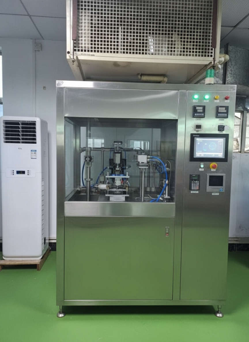 A stainless steel industrial machine enclosed in a transparent glass case, with control panels and digital displays on the right side, situated in a clean, well-lit industrial environment with a green floor.