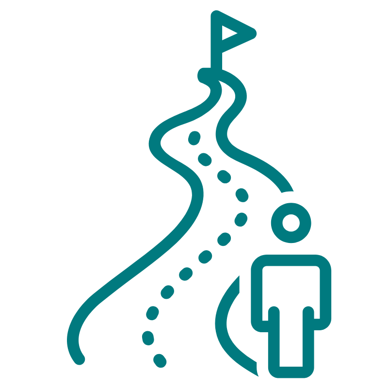 Outline of a person walking on a winding path towards a flag at the top, symbolizing a journey or goal.