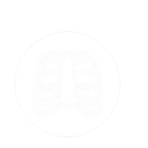 Black and white emblem featuring a stylized rib cage inside a circled background.