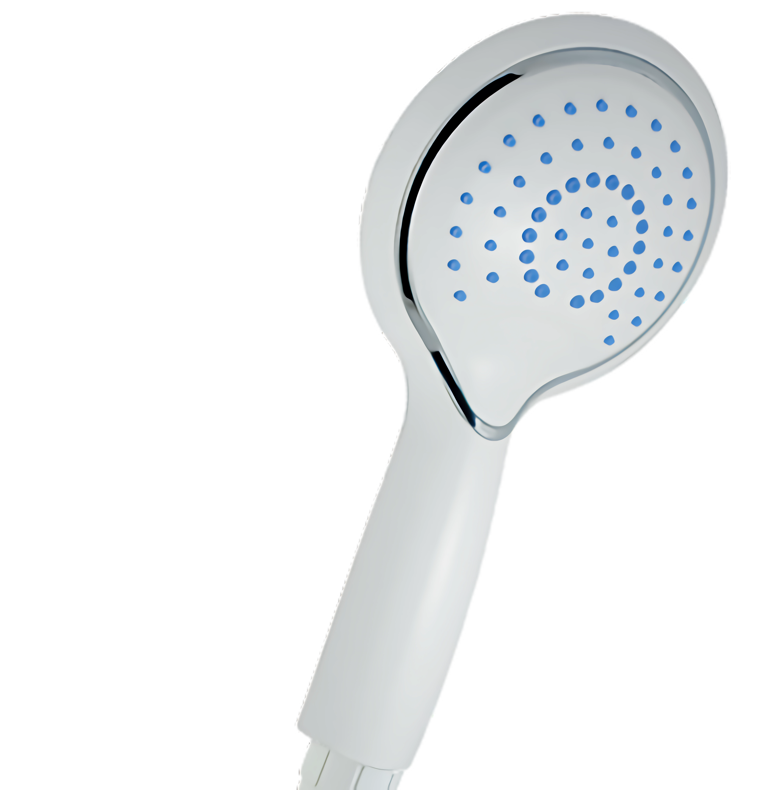 Electric handheld showerhead with a white handle and a round head featuring blue nozzles.