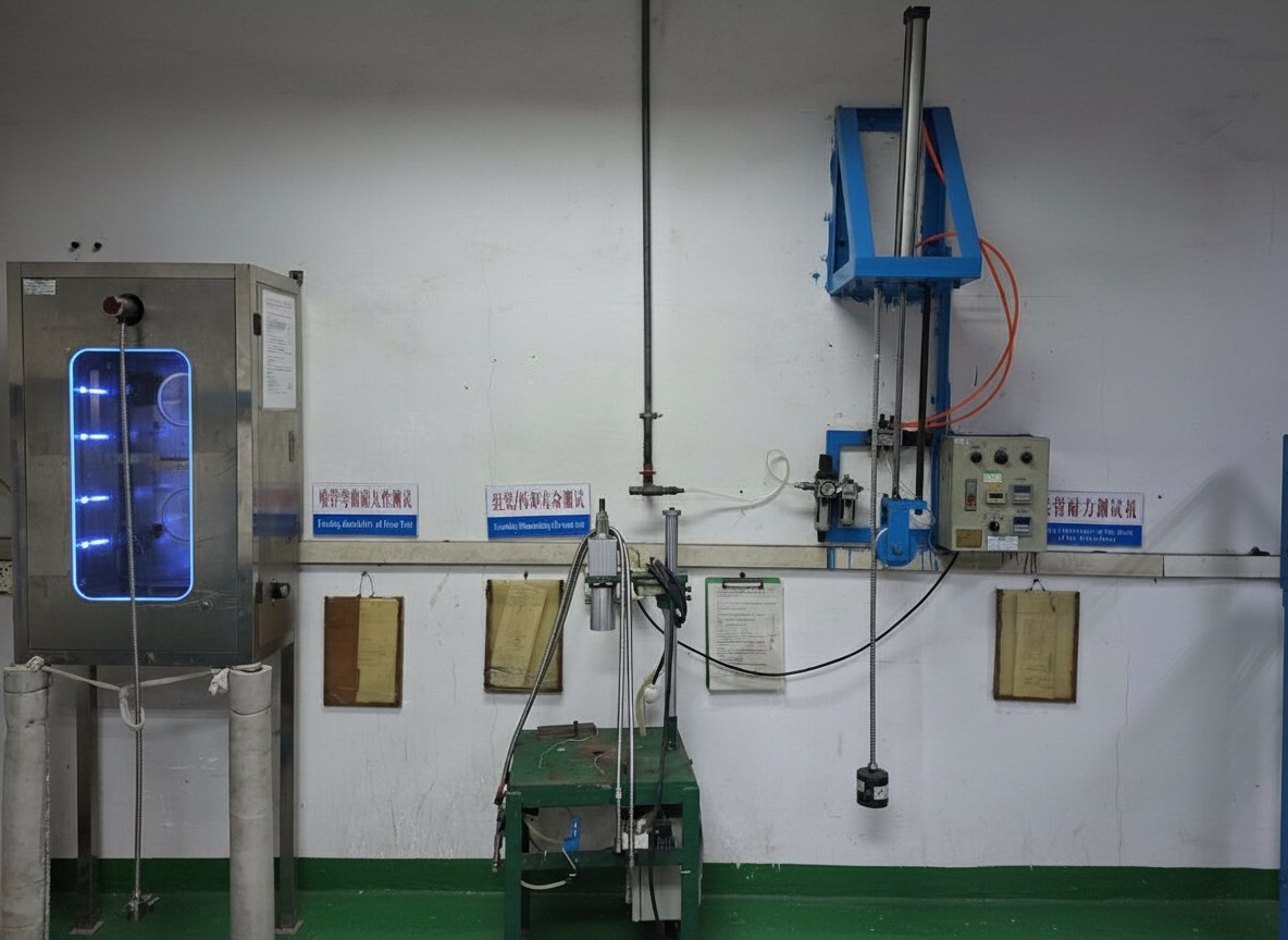 Industrial lab setup with a stainless steel machine on the left, blue sign with warnings, and various equipment and control panels on the wall, including a hydraulic lift and pipes.