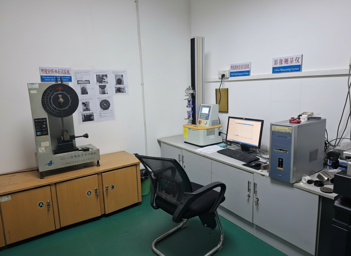 Laboratory room with testing equipment, computer, and chairs, and signs on the wall.
