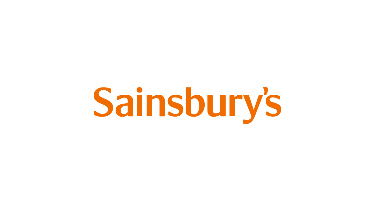 Sainsbury's logo with black text and an orange name in the center.