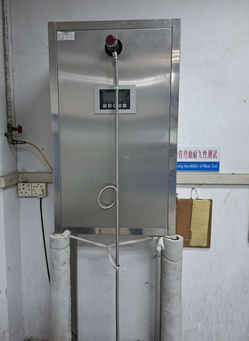 A stainless steel sanitation station with a digital control panel and a handheld spray nozzle, mounted on two supporting pipes attached to the wall.