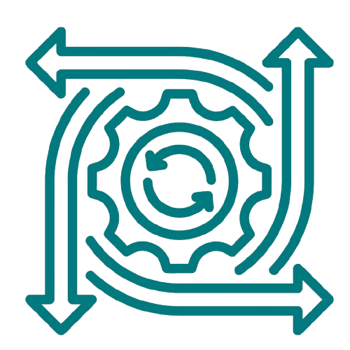 A gear with circular arrows inside, surrounded by four arrows pointing in different directions, symbolizing process or cycle.