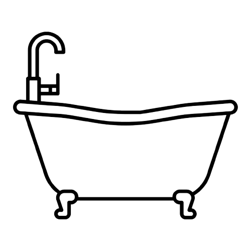 Line drawing of a bathtub with a faucet and curved shape on a black background.
