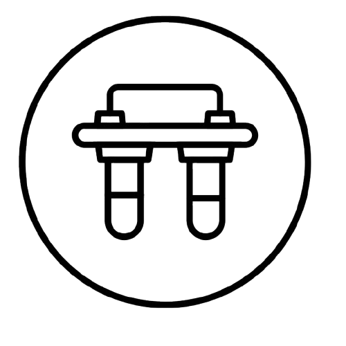 Outline icon of two laboratory test tubes connected to a machine, enclosed in a circle.